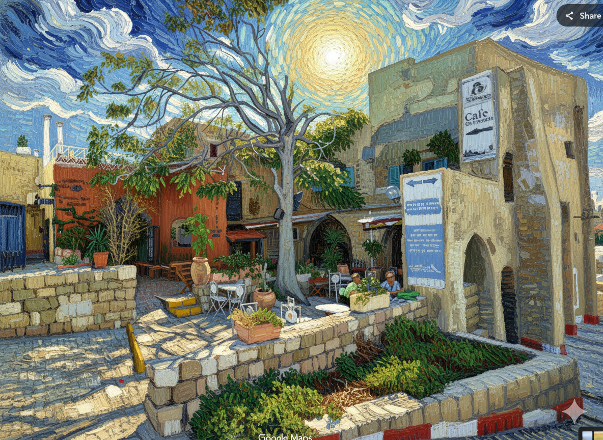 Van Gogh Starry Night-style painting of a charming Old Jaffa cafe with swirling blue sky, large tree with twisted branches, stone buildings with arched doorways, outdoor seating, and lush greenery in warm earth tones and cool blues