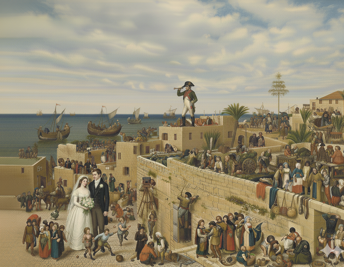 Detailed Pieter Bruegel the Elder-style panoramic painting of Old Jaffa with hundreds of tiny figures, a giant Napoleon statue on a building, wedding scene, sailing ships in harbor, and countless vignettes of daily life in muted Renaissance colors