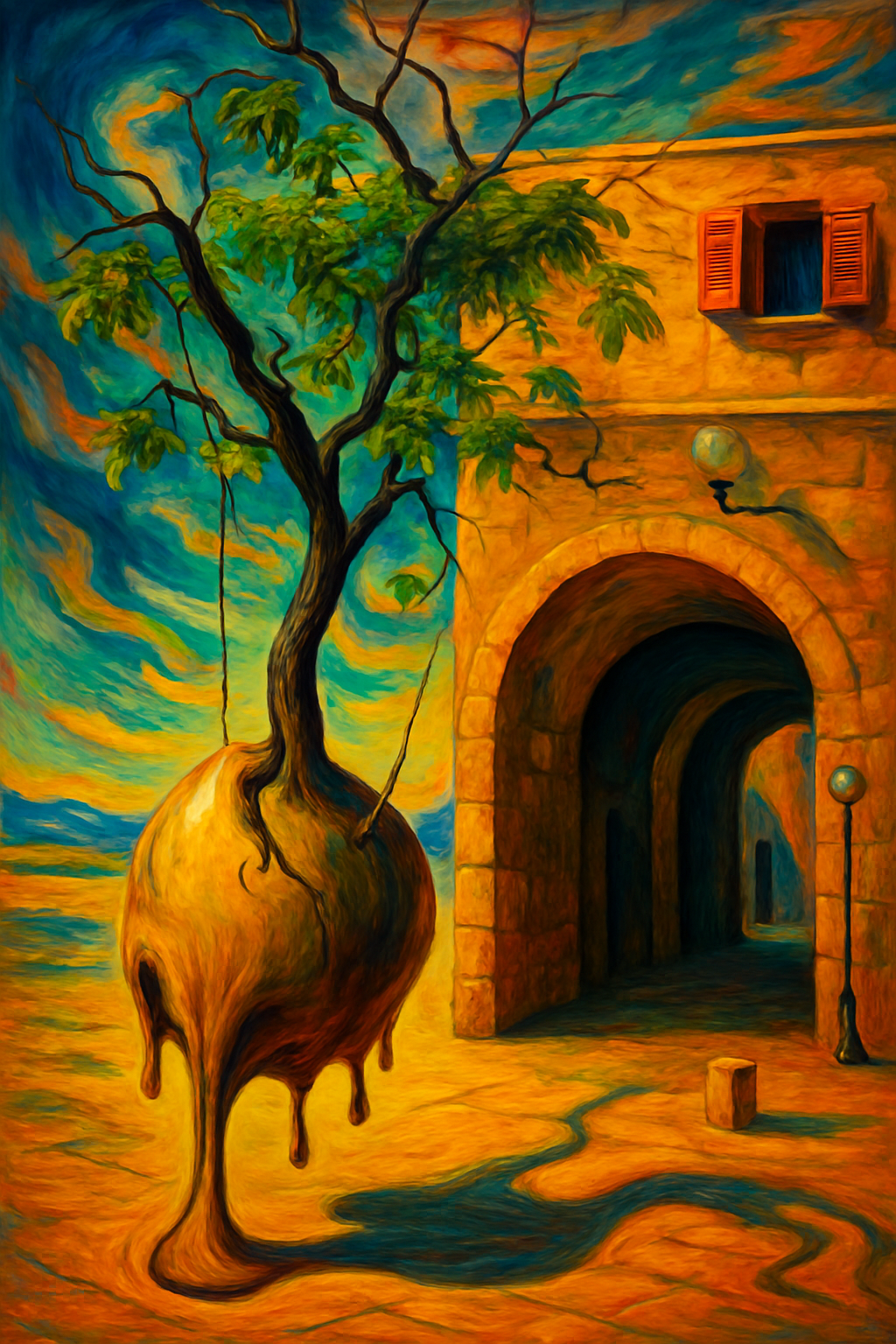 Surrealist Salvador Dali-style painting of Old Jaffa featuring a melting, organic tree with bulbous base in front of stone archway, with swirling expressionist sky in vibrant oranges, blues, and yellows