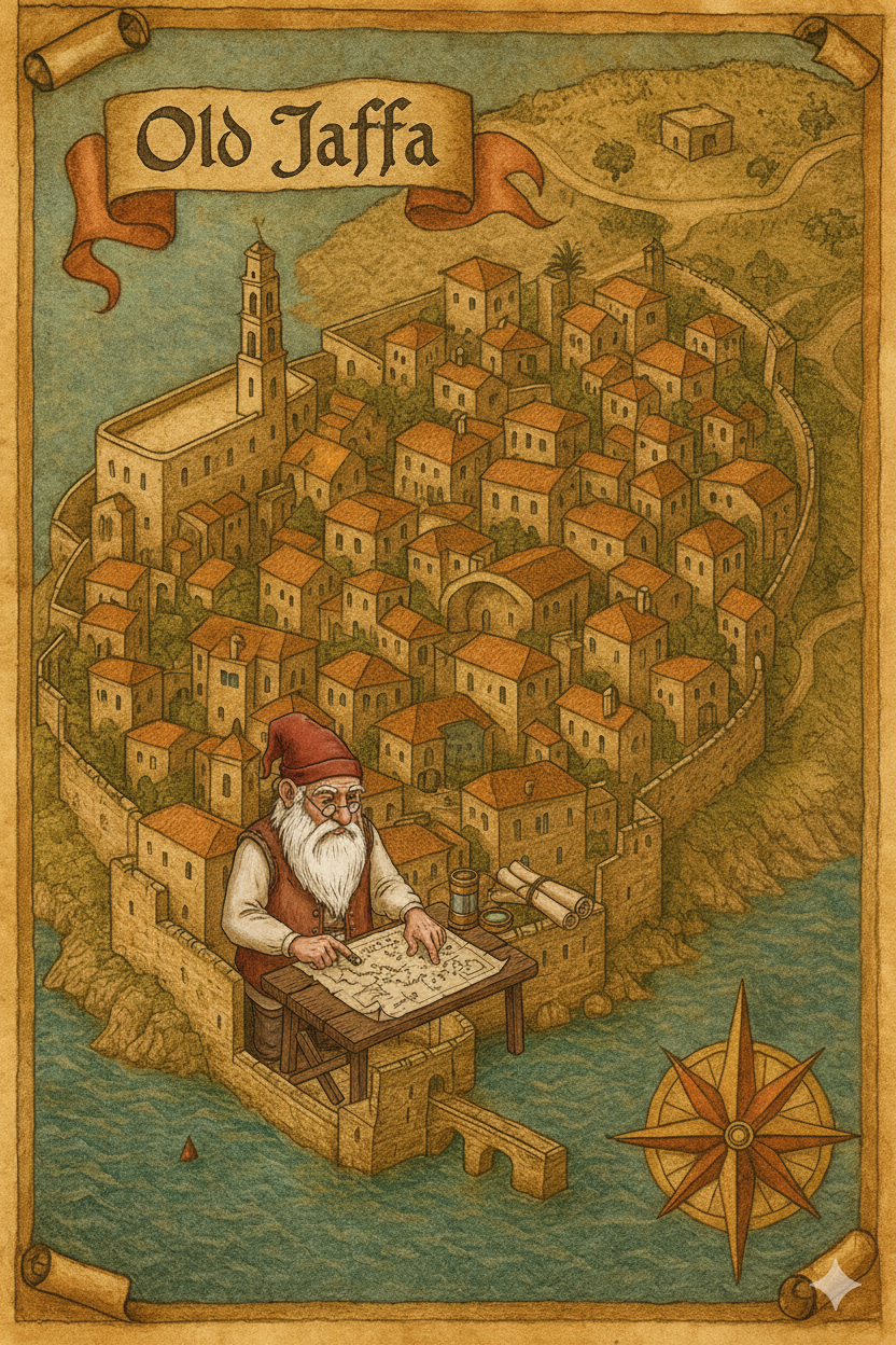 Medieval illuminated manuscript-style illustration featuring a wise old gnome with white beard and red pointed hat working on a map of Old Jaffa, with isometric view of the city, compass rose, and aged parchment aesthetic