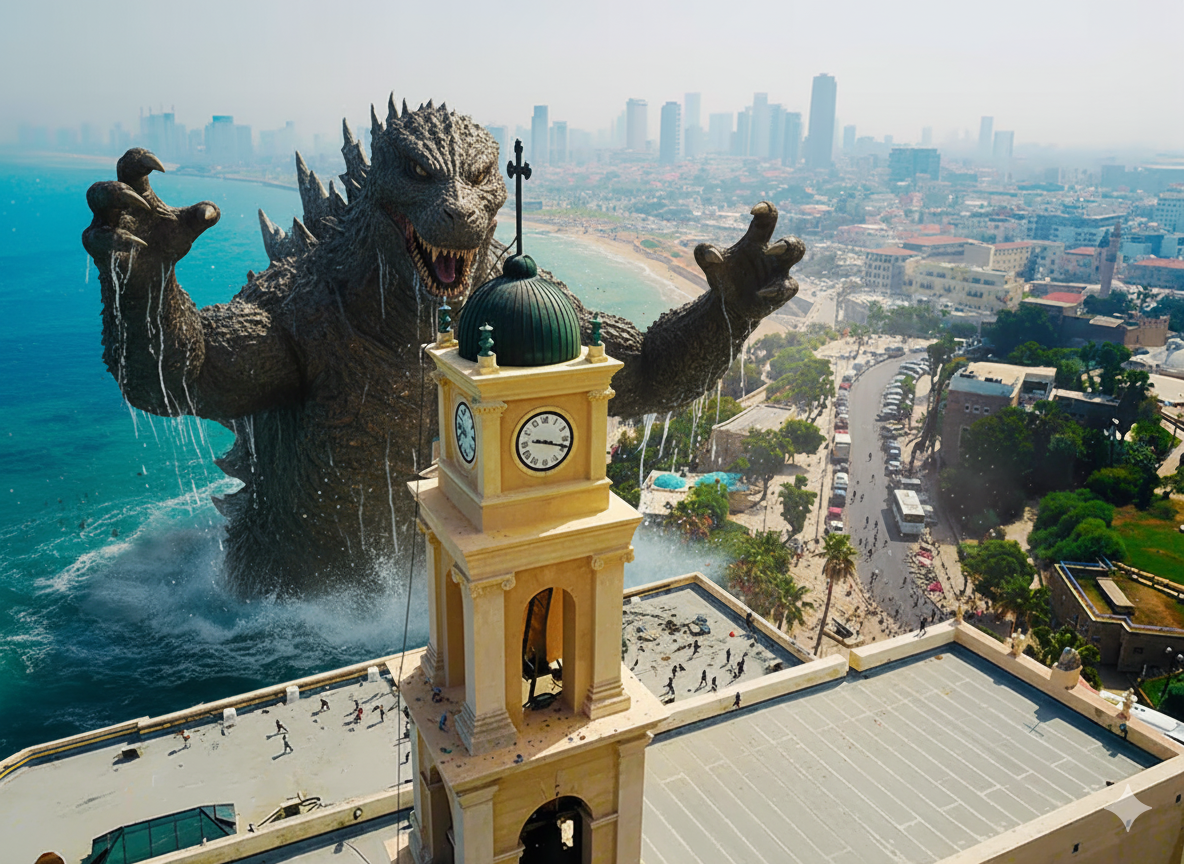 Cinematic composite image of Godzilla emerging from the Mediterranean Sea attacking Old Jaffa, with the iconic clock tower in the foreground and Tel Aviv skyline in the background