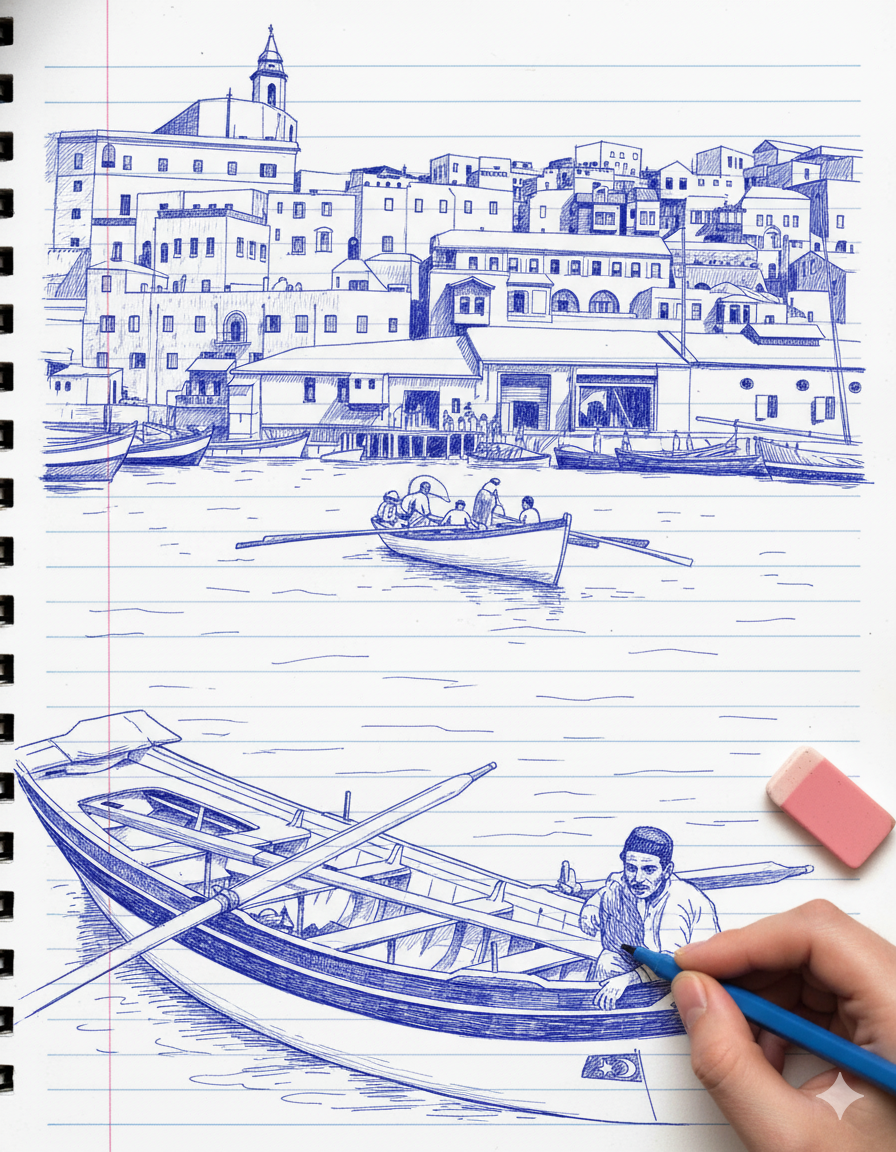 Blue pen sketch of Old Jaffa harbor with boats, fishermen, and traditional architecture on lined notebook paper