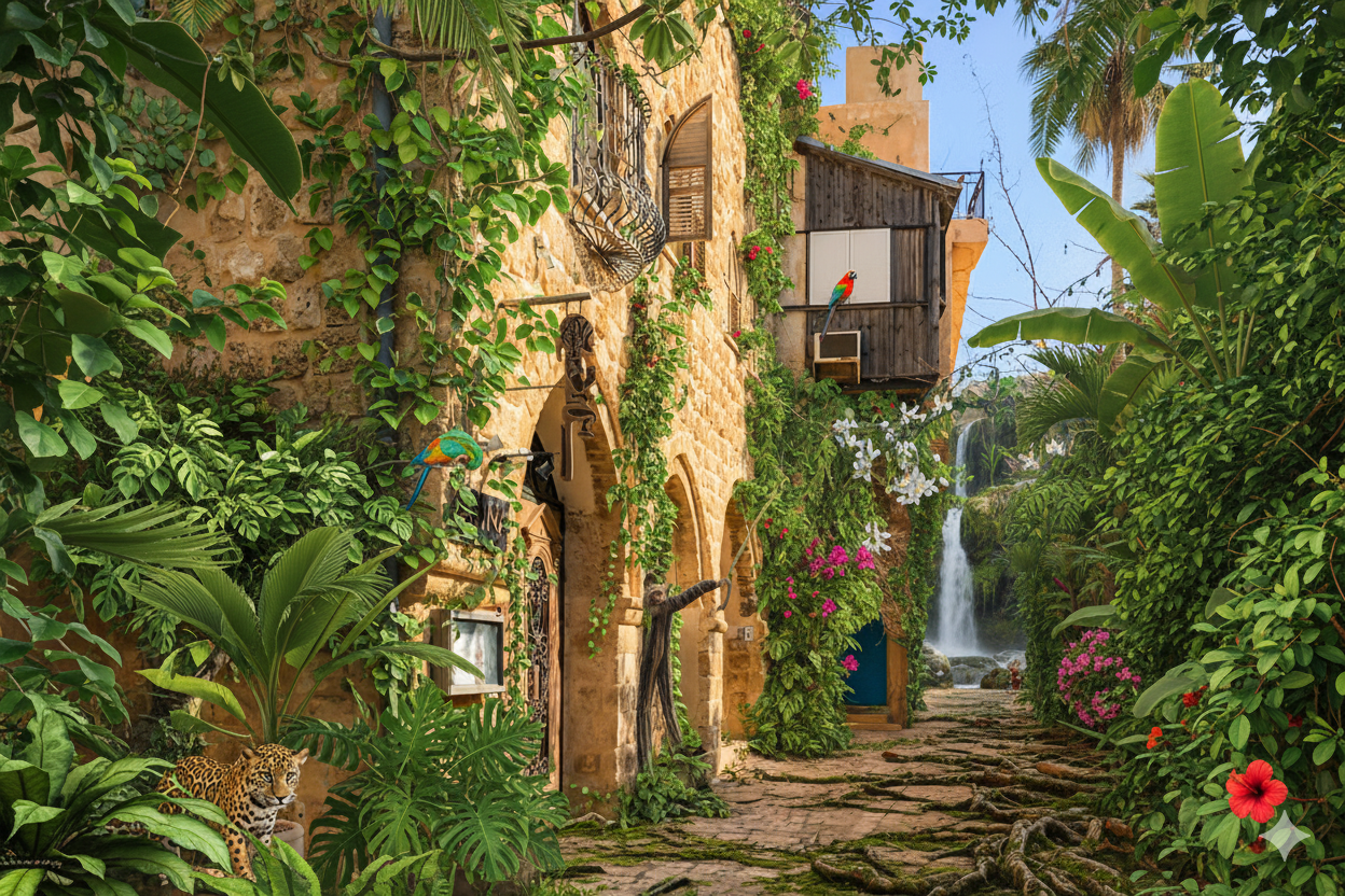 Fantastical AI-generated scene of an Old Jaffa alleyway transformed into a lush tropical paradise with dense vegetation, colorful parrots, a leopard, flowering plants, and a waterfall in the background