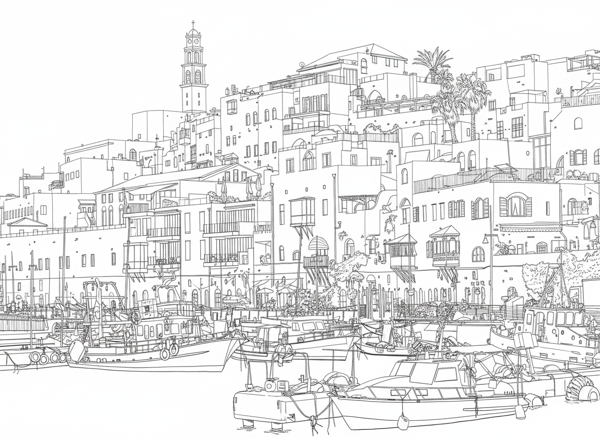 Detailed black and white line drawing of Old Jaffa showing the hillside architecture with clock tower, traditional buildings, palm trees, and harbor with boats - coloring book style illustration