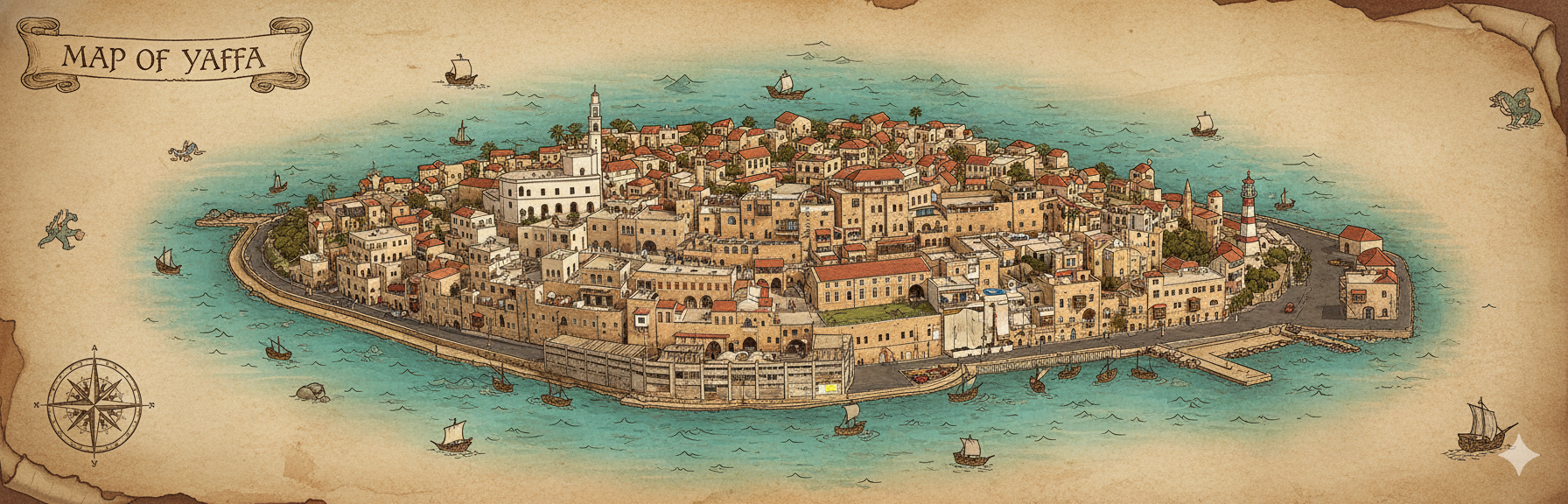 Medieval-style aerial map illustration of Old Jaffa on aged parchment, showing the peninsula with detailed architecture, sailing ships, compass rose, and decorative sea monsters in historical cartography style