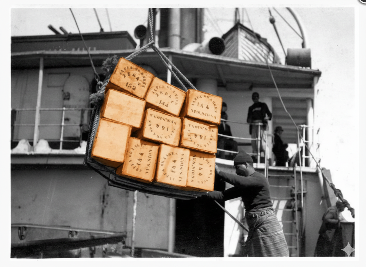 Historical black and white photograph with selective color showing workers loading wooden crates of Jaffa oranges onto a cargo ship at the port, with the orange crates highlighted in warm tones while the rest remains grayscale - documenting the famous citrus export industry