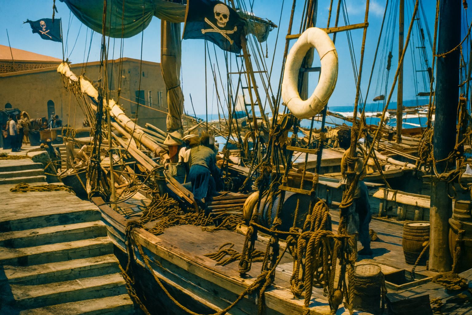 Photograph of a pirate ship replica deck at Old Jaffa port with Jolly Roger flags, weathered wooden planks, rope rigging, white life preserver, barrels, and people in period costume with Mediterranean Sea and stone buildings in background
