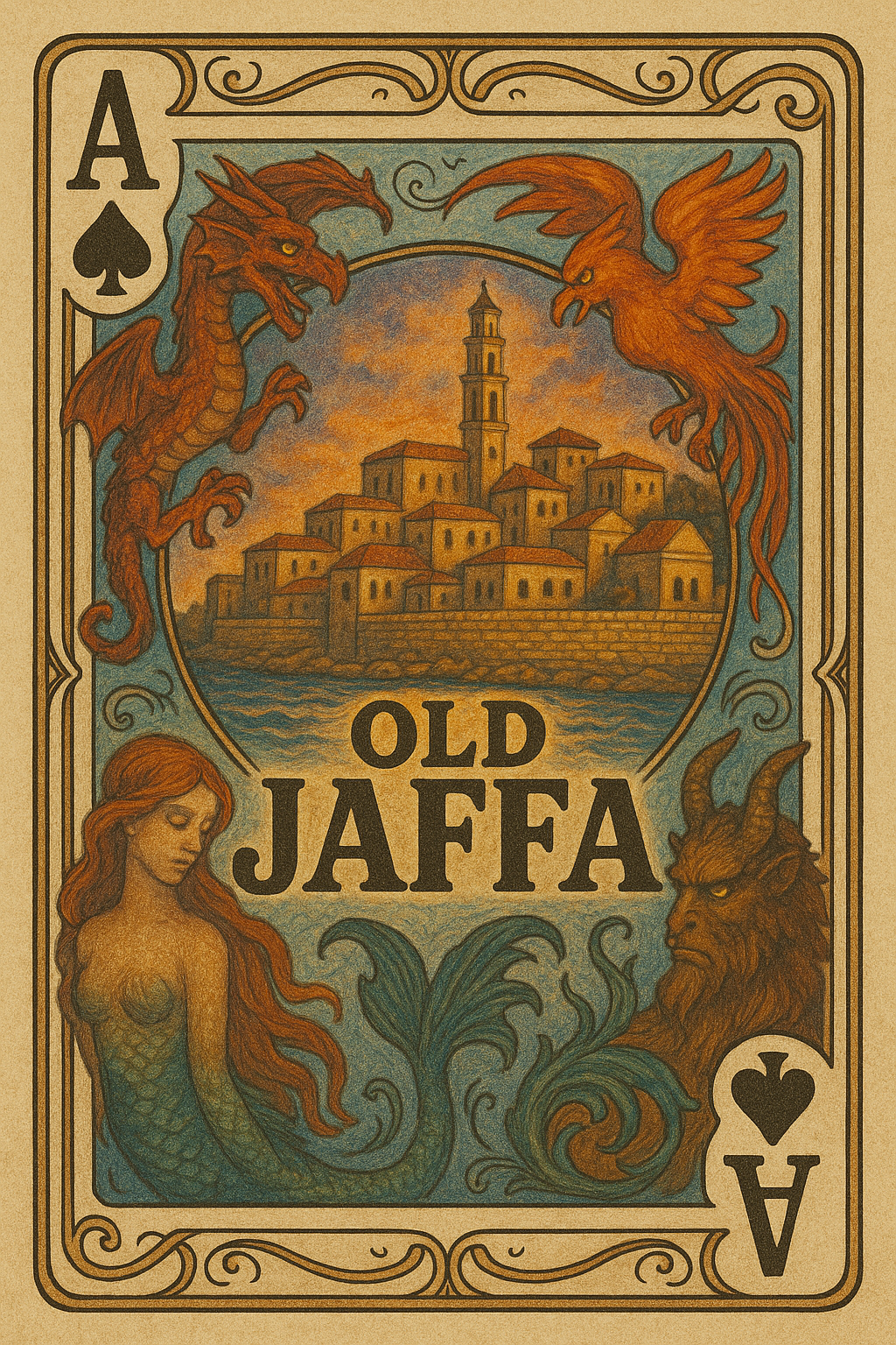 Vintage Ace of Spades playing card design featuring Old Jaffa cityscape in central vignette, surrounded by mythological creatures - dragon, phoenix, mermaid, and lion - with ornate Art Nouveau border in warm ochre and teal tones
