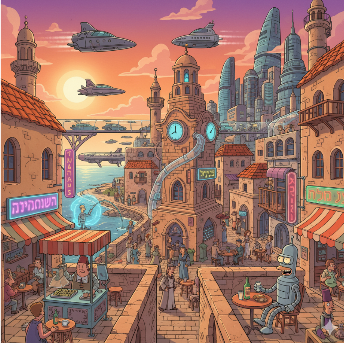 Retro-futuristic cartoon illustration of Old Jaffa blending historic stone architecture with flying spaceships, hovercars, futuristic skyscrapers, neon Hebrew signs, a robot character, and transparent tube transportation in warm sunset colors - Jetsons/Futurama style