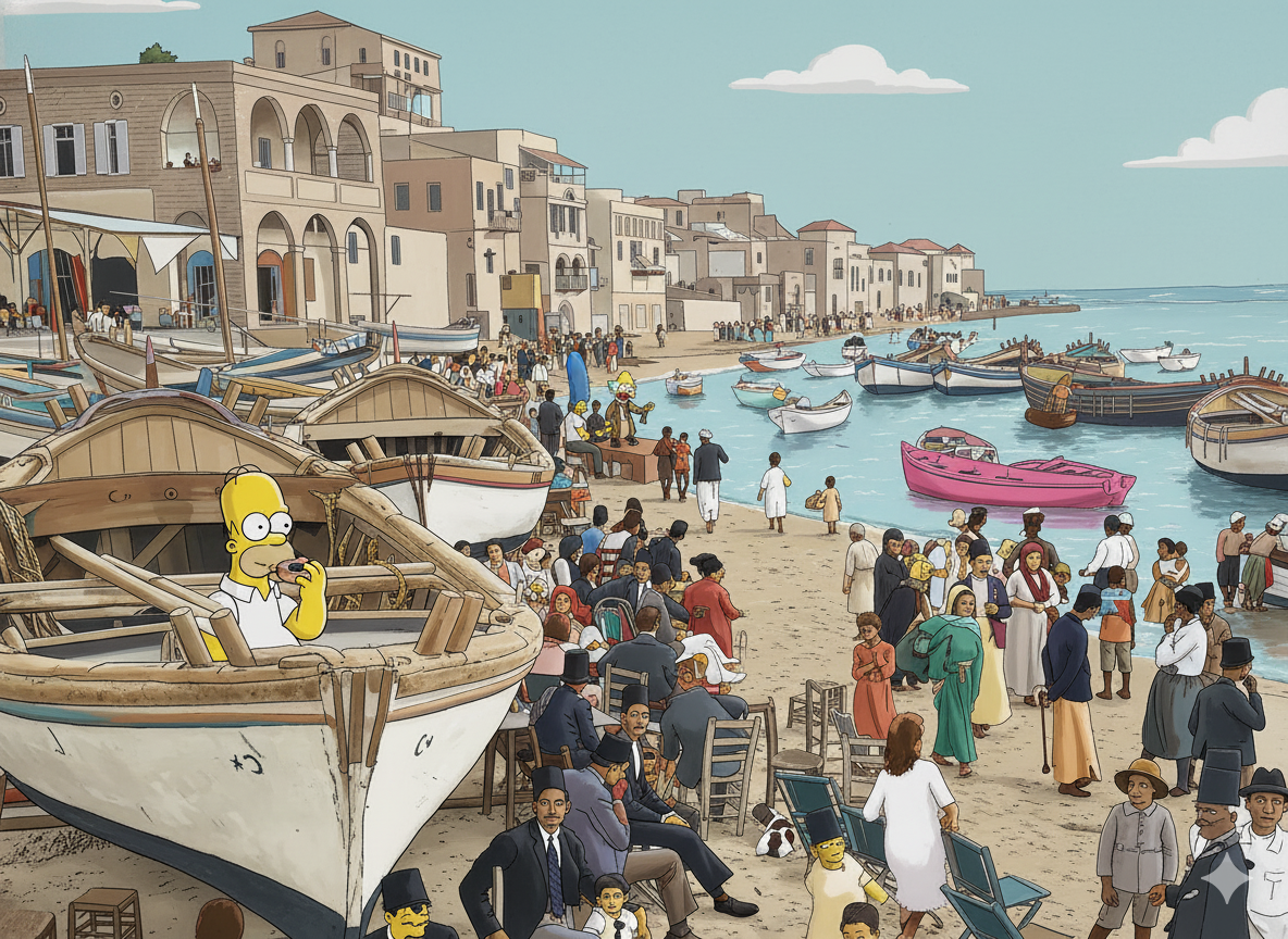 Whimsical illustrated scene of Old Jaffa harbor featuring Simpsons characters integrated into a historical setting with traditional boats and architecture