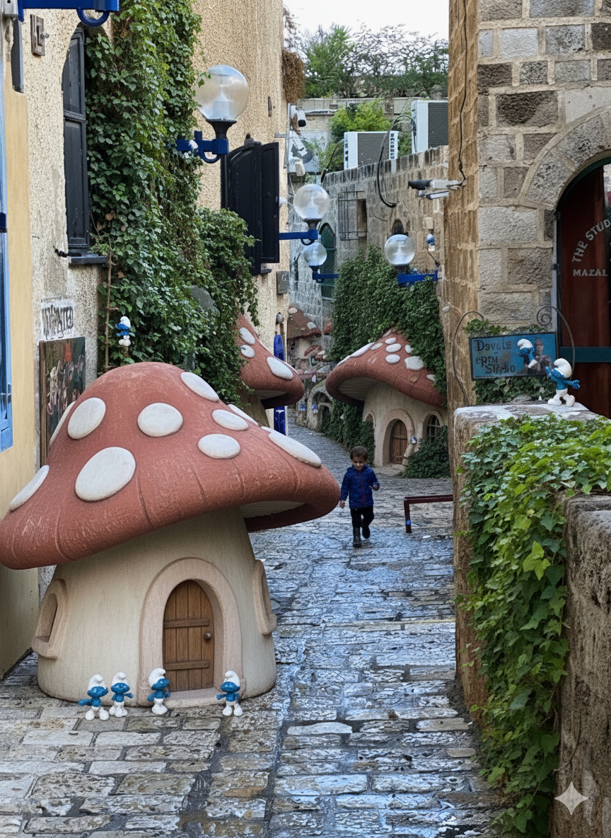 Whimsical AI-generated composite of an Old Jaffa alleyway transformed into a Smurf village with large mushroom houses, Smurf characters, and a child walking through the cobblestone street