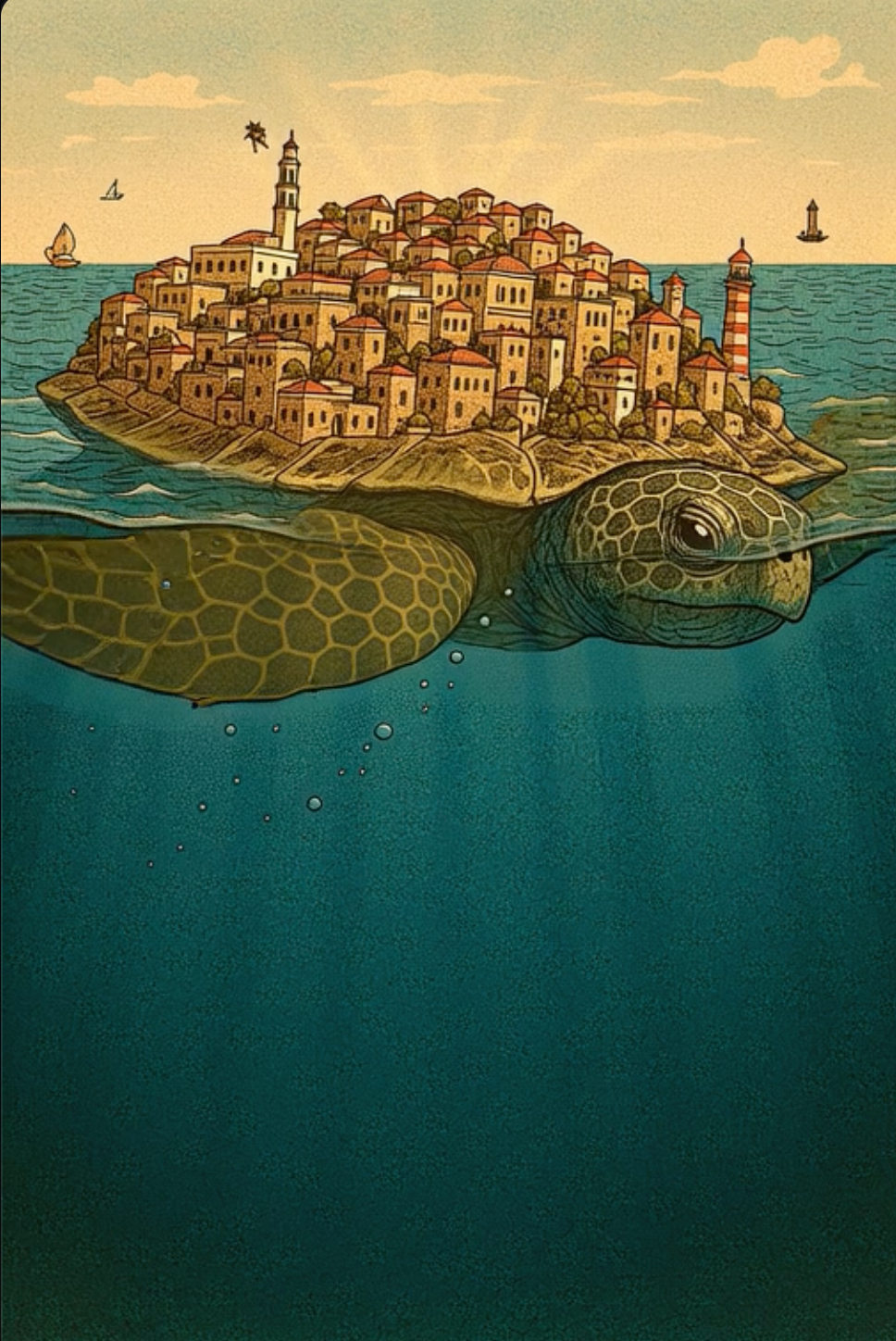 Surrealist illustration of Old Jaffa as a city built on the back of a giant sea turtle swimming in the Mediterranean, with split view showing above and below waterline, sailboats, lighthouse, and vintage travel poster aesthetic in warm beige and turquoise tones