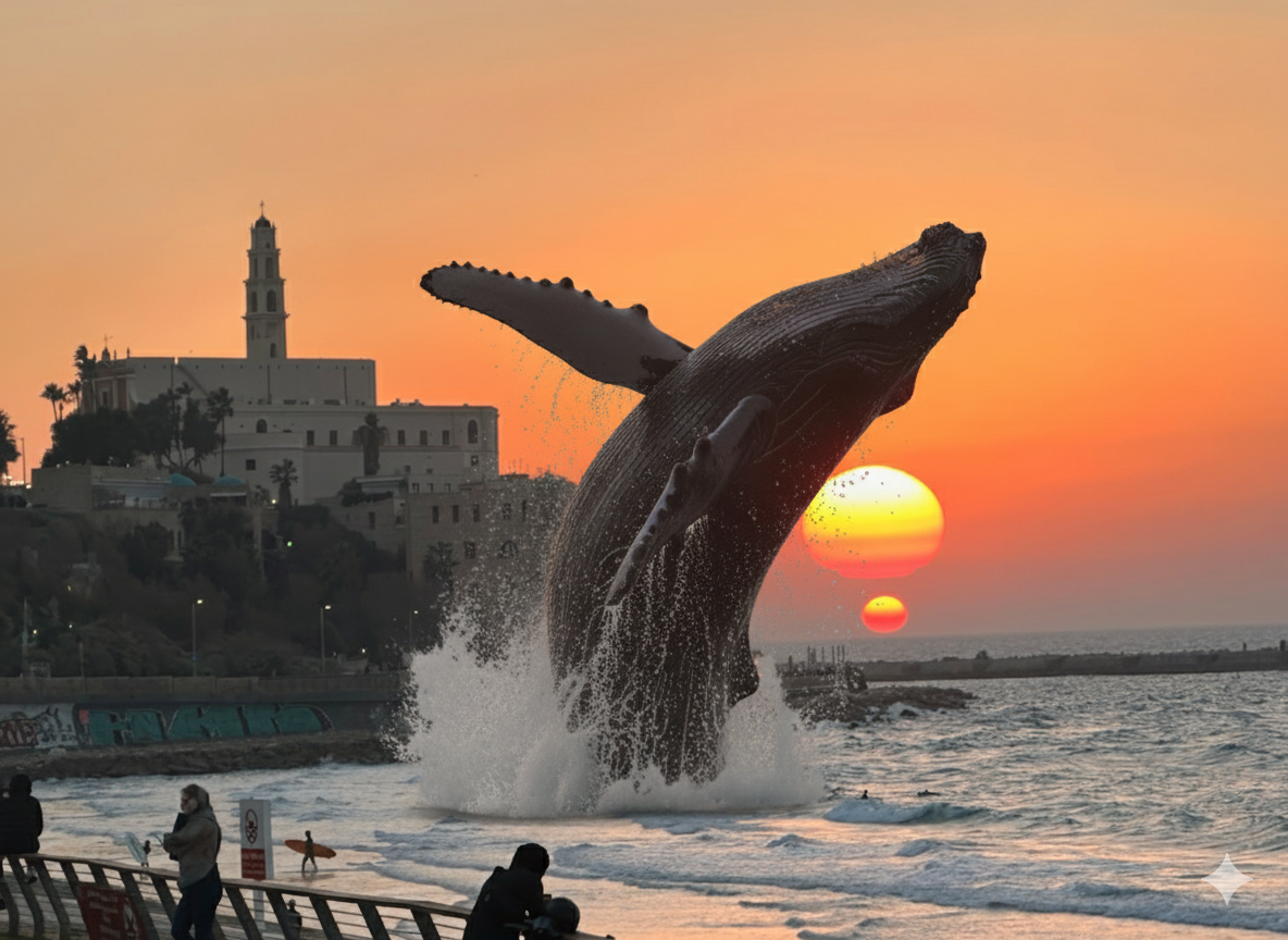 Dramatic composite photograph of a humpback whale breaching at sunset off the coast of Old Jaffa, with the iconic clock tower silhouetted against a surreal double sun in orange and peach sky