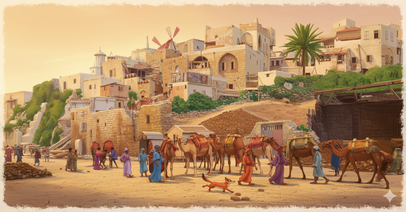 Historical scene of Old Jaffa with traditional architecture, camels, and people in colorful traditional clothing