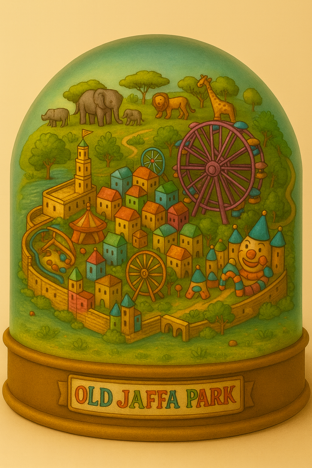 Whimsical snow globe illustration of Old Jaffa Park featuring a fantastical miniature world with safari animals, colorful buildings, Ferris wheel, carousel, and smiling clown castle in warm nostalgic colors with golden base labeled 'OLD JAFFA PARK'