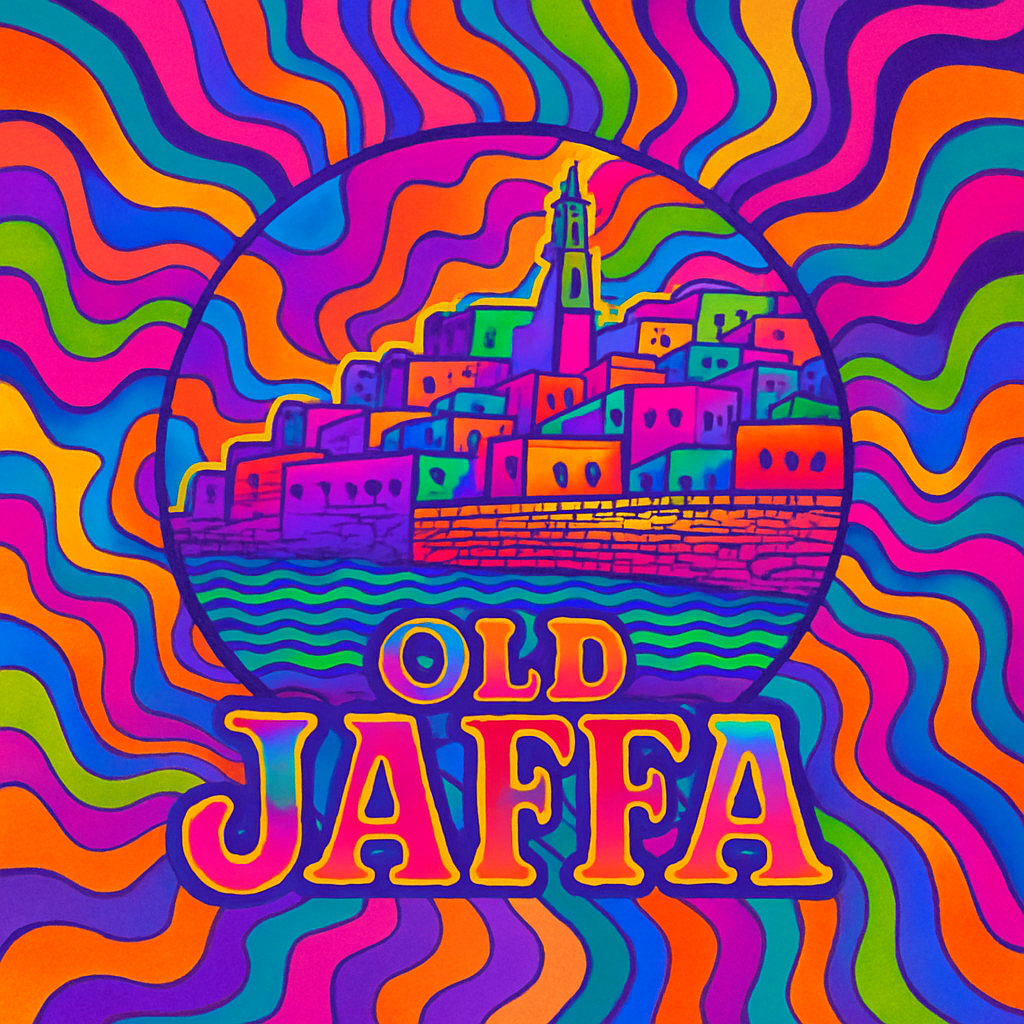 Vibrant psychedelic art poster of Old Jaffa with flowing wavy patterns in hot pink, purple, orange, blue, teal, and lime green, featuring the cityscape and 'OLD JAFFA' text in retro 1960s-70s style