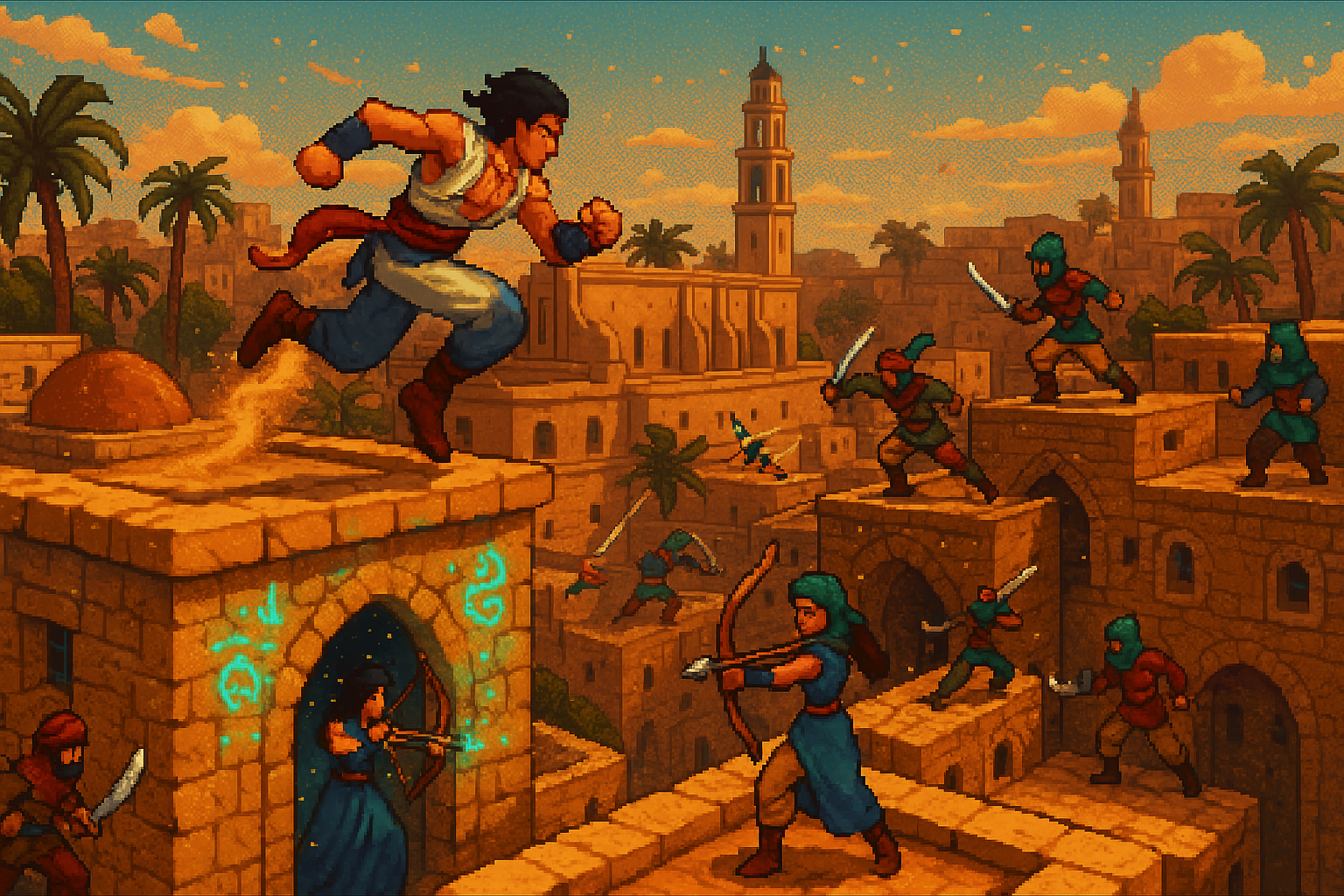 Retro 16-bit pixel art illustration in Prince of Persia style depicting an action-packed fight scene in Old Jaffa with a hero in orange clothing leaping through the air, multiple enemies with swords, stone buildings, mosque tower, palm trees, and warm orange sunset sky - classic 1990s video game aesthetic