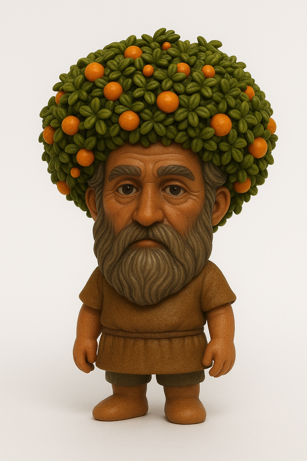 Whimsical hipster-style designer toy figure of Simon the Tanner featuring a bearded man in brown robes with an elaborate afro made of olive green leaves and bright orange Jaffa oranges, rendered in chunky vinyl collectible aesthetic with earthy color palette - a playful tribute to the biblical figure associated with Old Jaffa
