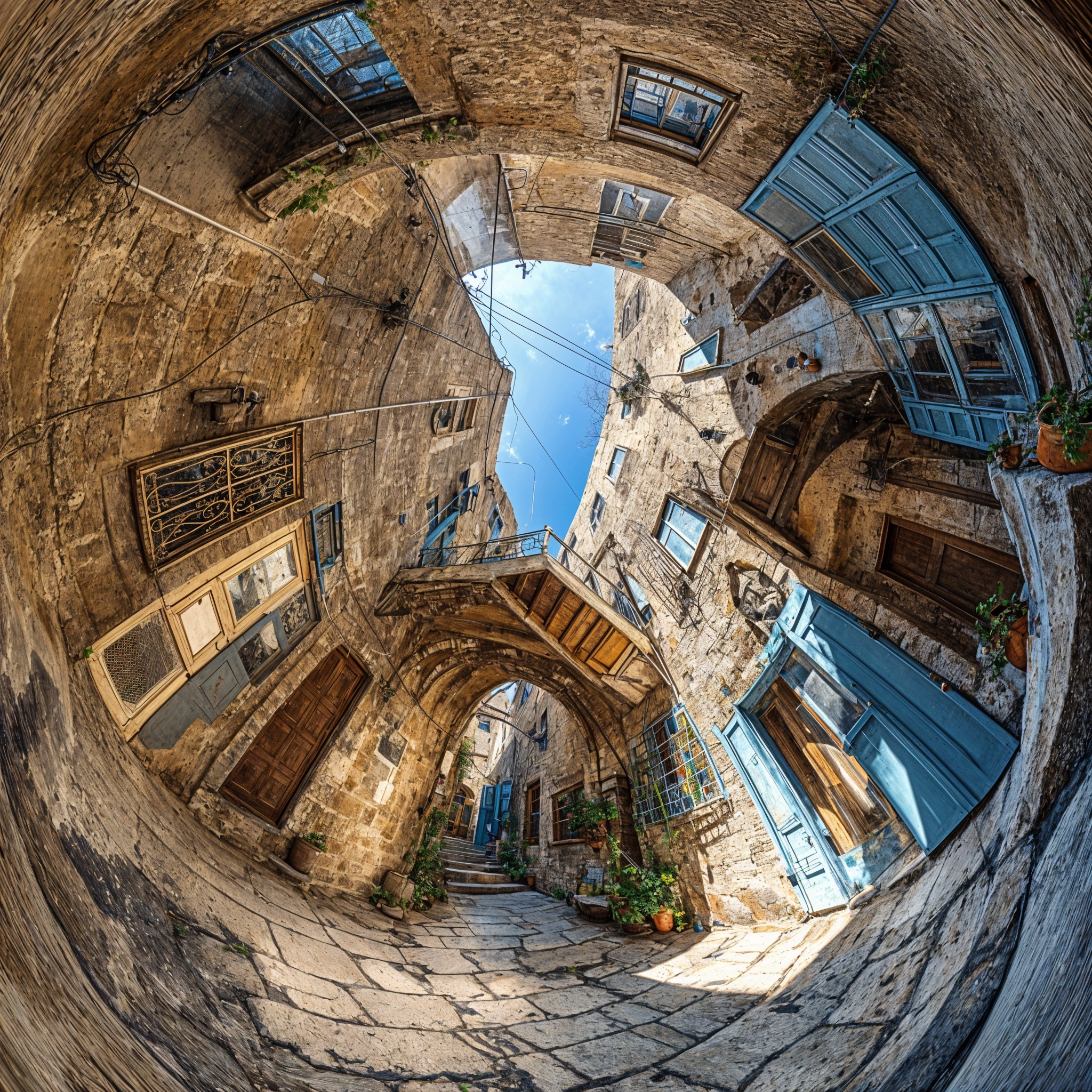 Dramatic fisheye/360-degree perspective photograph of an Old Jaffa courtyard creating a surreal circular warped view with ancient Jerusalem stone architecture, multiple arched doorways, blue-painted doors and windows, cobblestone ground, power lines crossing overhead, and potted plants - the extreme wide-angle distortion creates an M.C. Escher-like quality where the architecture appears to curve and twist around the viewer