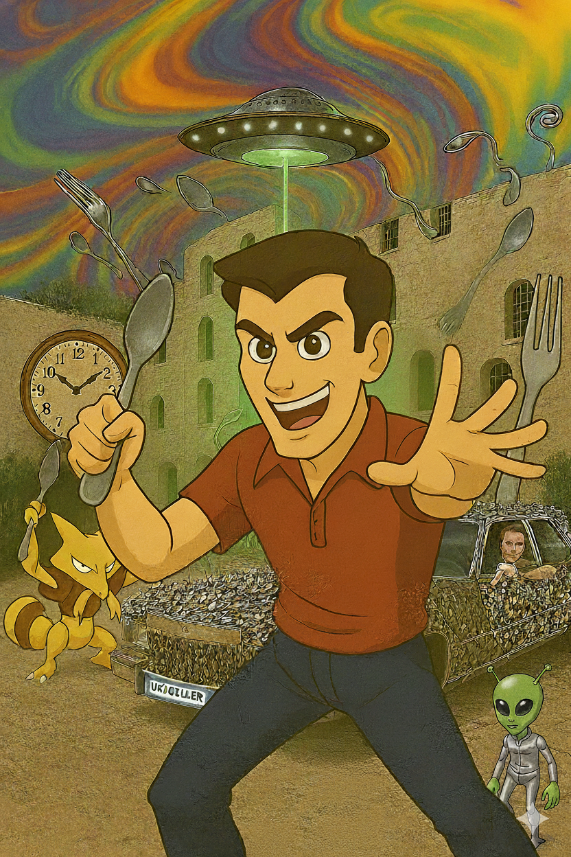 Whimsical cartoon illustration of Uri Geller in Old Jaffa with psychedelic swirling sky, UFO, bent spoons and forks floating in air, yellow cat, alien figure, and stone buildings - celebrating his famous mystic's connections and powers