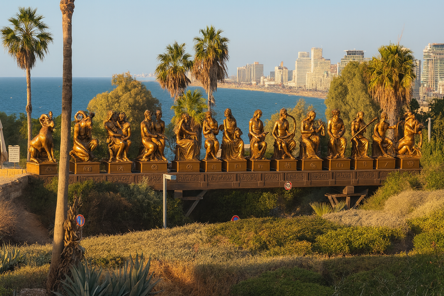 Stunning photograph of the Zodiac Bridge (Gesher HaMazalot) in Old Jaffa featuring a row of bronze statues representing the 12 zodiac signs arranged across a pedestrian bridge, with palm trees, Mediterranean Sea, Tel Aviv skyline in the distance, and warm golden-hour lighting